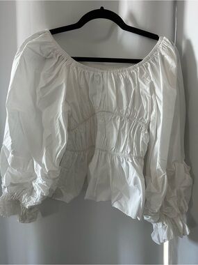 Gathered White Puff-Sleeve Peasant Top